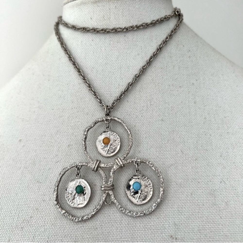 Textured Silver Tone Coin Necklace Yellow, Green, & Blue Cabochons